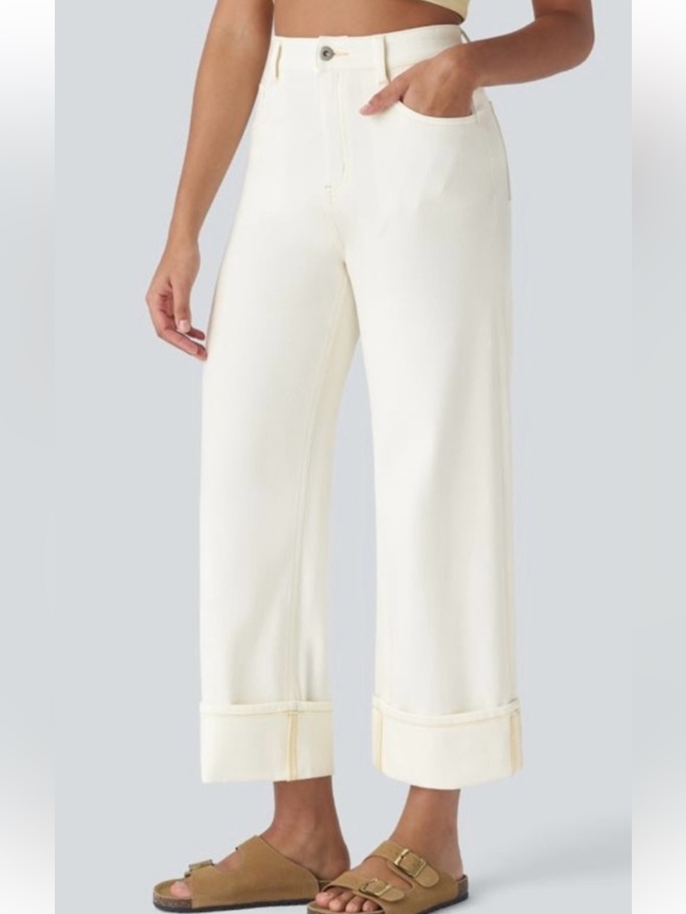 NWT HALARA Women's Cropped Wide-Leg Pants in Cream Flex Denim /MTall